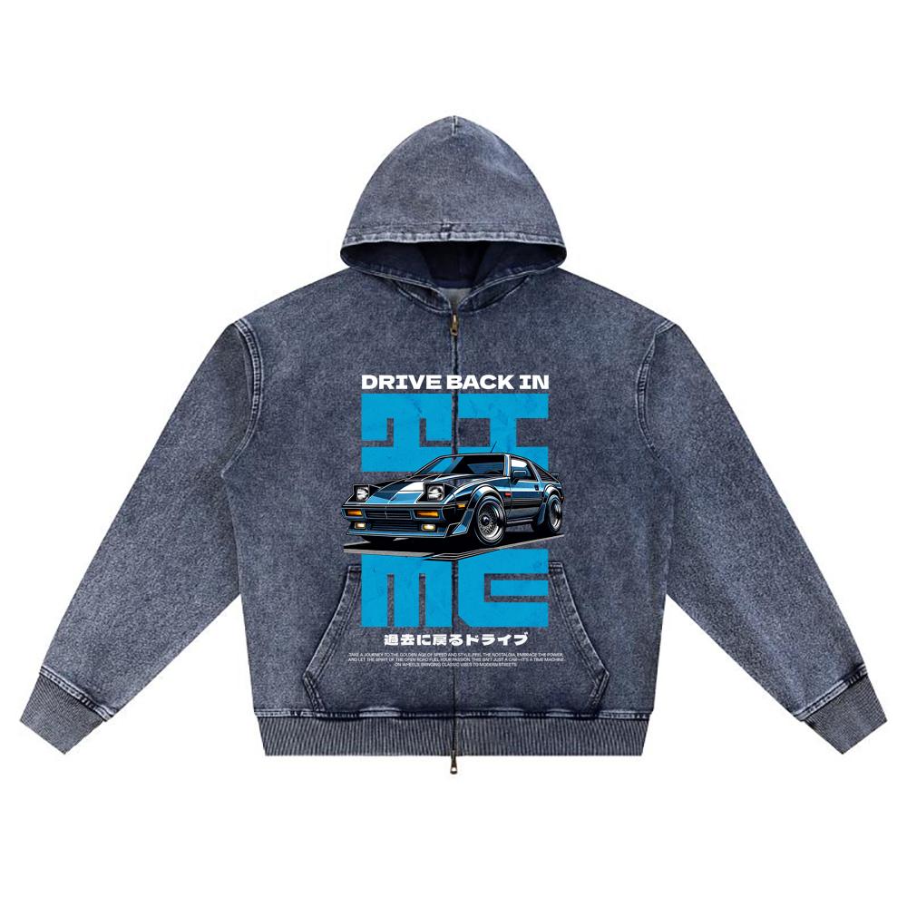 DTG Print Knitted Denim Zip-Up Hoodie Drive Back In Time Brother Print Zipper Hoodies  