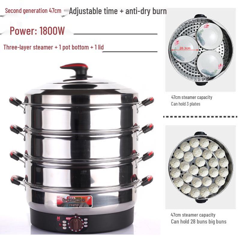52cm Multifunctional Electric Steamer with Auto Shut-off, Keep Warm Feature, Stainless Steel, Three Layers