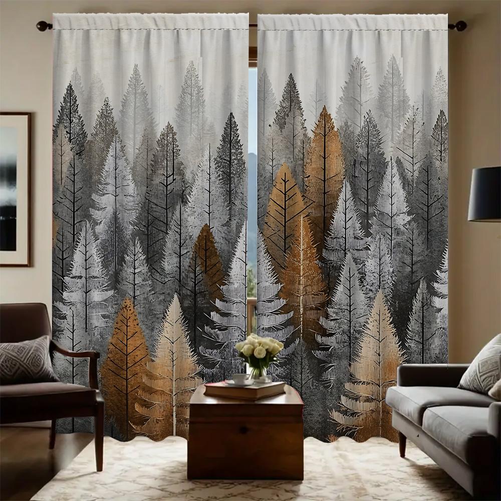 2PC Home Nostalgic geometric leaves Curtains With Landscape Background And Pole Pocket Curtains, Kitchen, Coffee Shop
