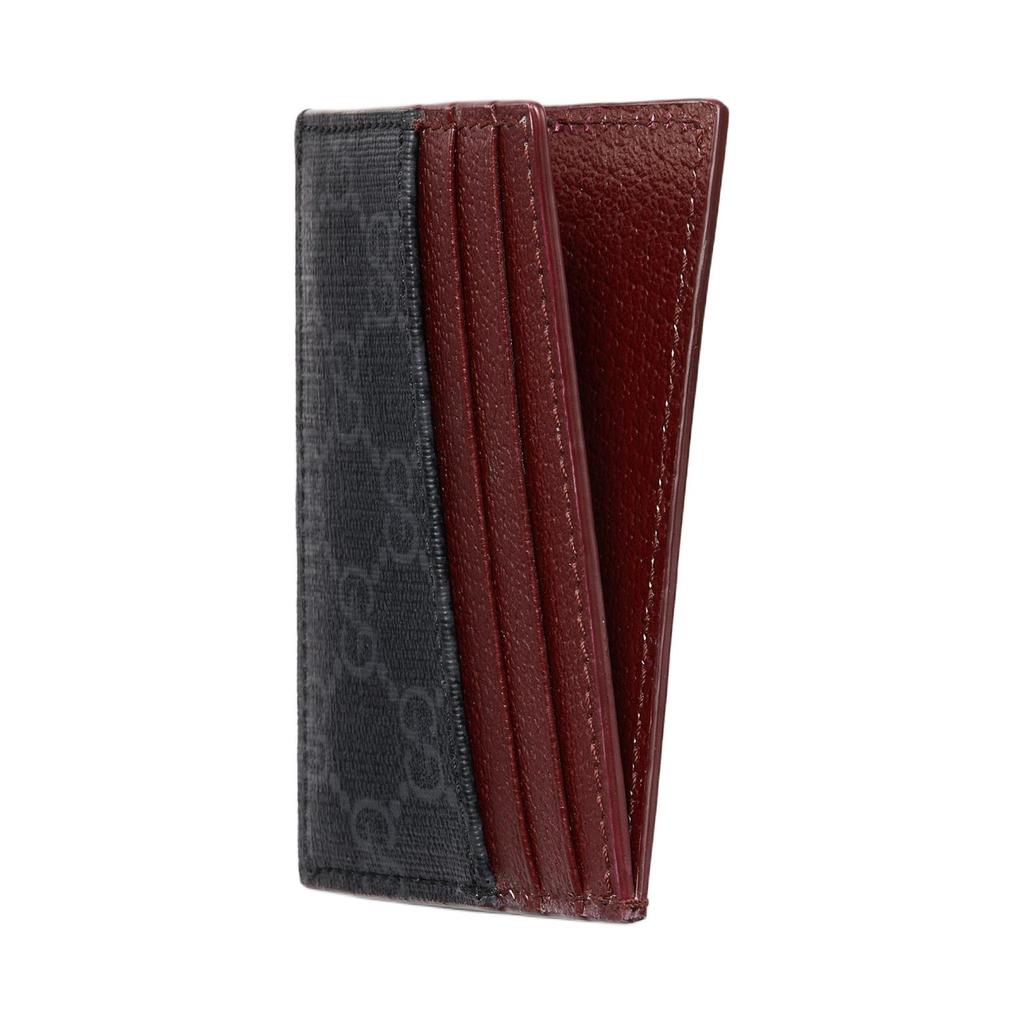 Gucci GG Monogram Black Canvas Card Holder, Burgundy Leather Trim Matte, Unisex Daily Travel Multiple Card Slots Wallet 795230-FADMR-1050