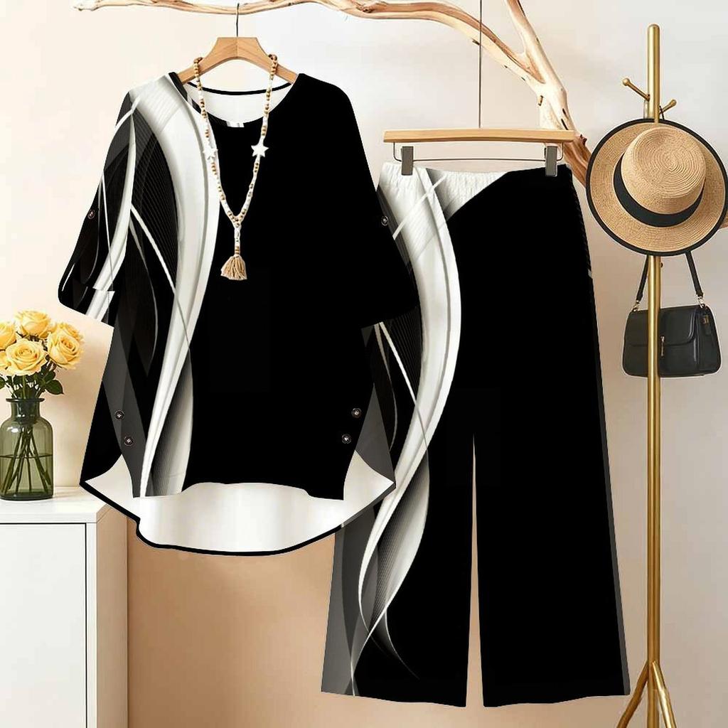 Women's 2‑Piece Outfit, Brush Gradient 3/4 Sleeve Irregular Hem Top & Wide Leg Pants Set, Casual Loose Matching Suit