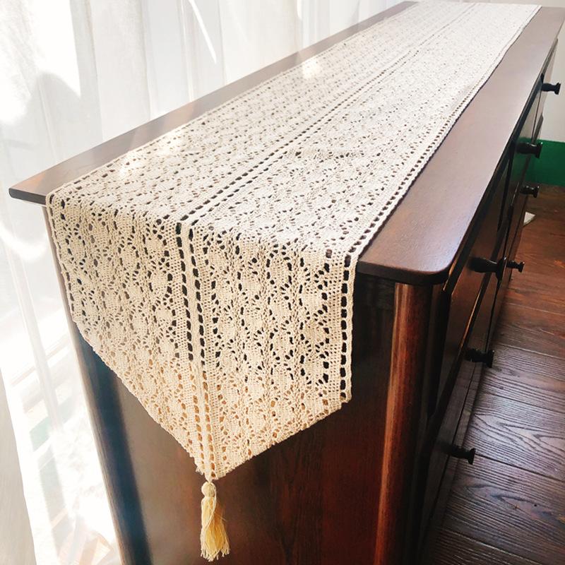 French Lace Rectangular Polyester Linen Woven Table Runner - Decorative Table Cover with Hollow Crochet Design for Coffee Table, TV Stand, Long Table