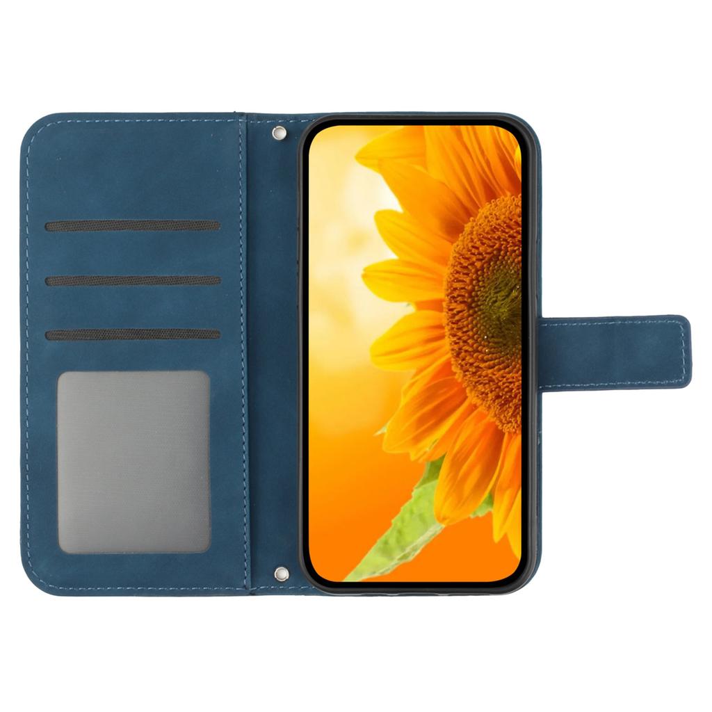 HT04 For iPhone 16 Case Sunflower Imprint Leather Wallet Phone Cover with Hand Strap