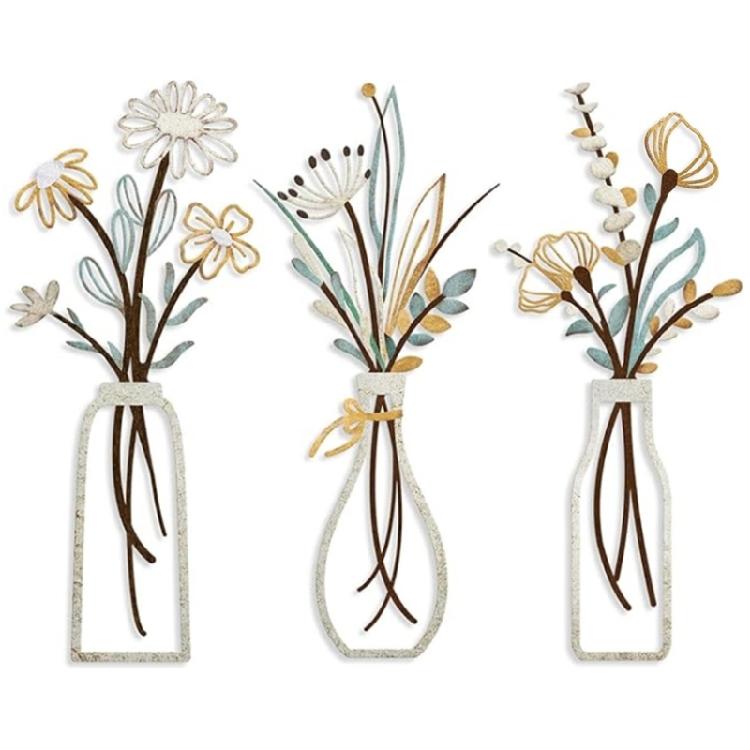 

Abstract Metal Wall Flowers Sculpture Set of 3 Contemporary Floral Vases Line Art Ornaments for Modern Interior Decors 1