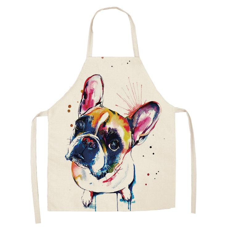 1 Pcs Cotton Linen BullDog Dog Print Kitchen Aprons Unisex Dinner Party Cooking Bib Funny Pinafore Cleaning Apron