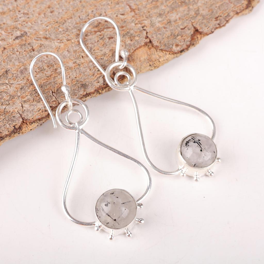 Handgefertigte Silberohrringe mit schwarzem Rutil, 925 Sterlingsilber Designer-Ohrringe, Wunderschöne Edelsteinohrringe Geschenk für Ehefrau