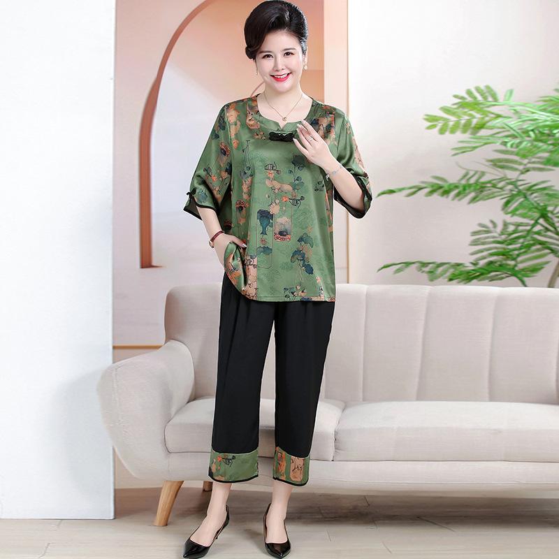7XL Summer Plus Size Chinese Style Two-Piece Set for Middle-aged and Elderly Women