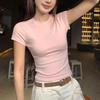 T-shirt Basique Ajusté pour Femme à Col Rond Manches Courtes Décontracté Quotidien Bodycon Doux Confortable