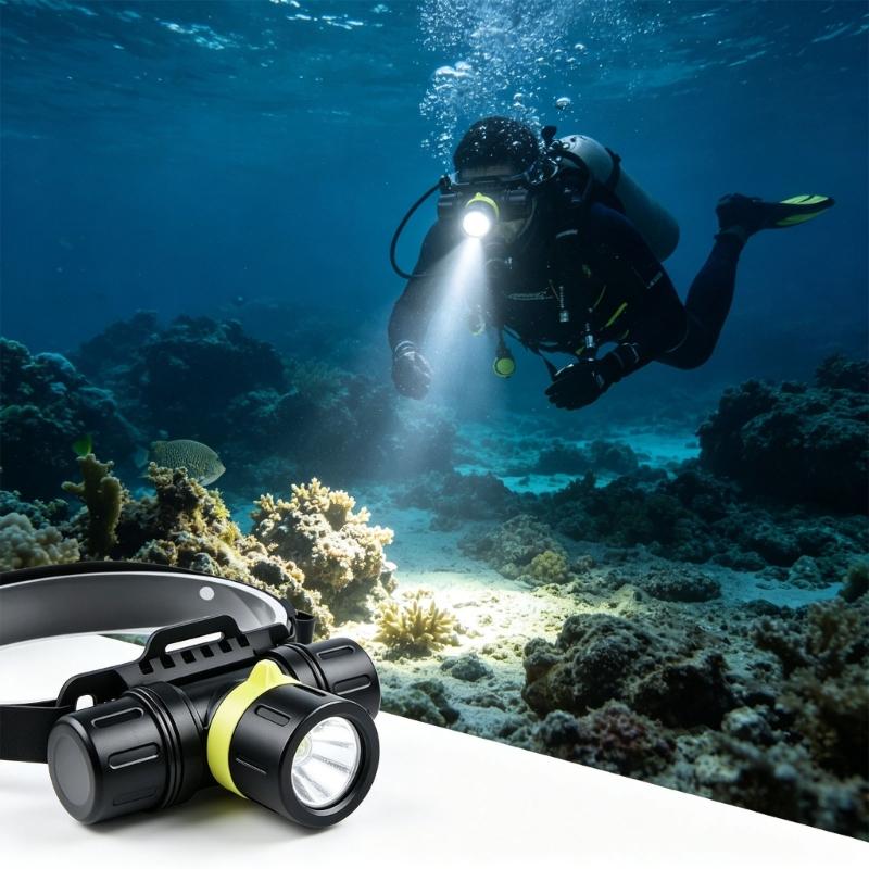 Underwater Diving Headlamp with Adjustable Head Mount, Aluminum Beam Light for Snorkeling, Night Fishing and Camping