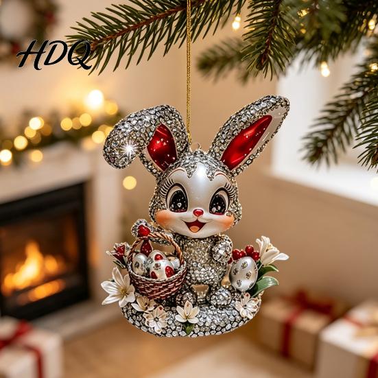 Decorative Rabbit for Home Window Easter Bunny Acrylic Pendant Cute with Basket 2D Car Creative Basket Accessory Rearview Mirror Hanging Ornament,