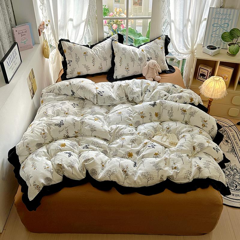 

New French Lace Wash Quilt Cover Korean-style Romantic Herben-style Black Print Four-piece Set Skin Friendly Bedding Set 150x200cm 4pcs&set