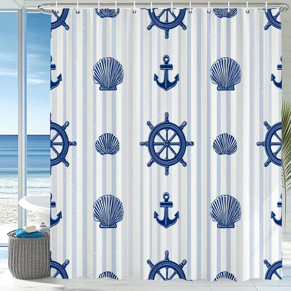 Modern Blue Stripes Sailing Style Shower Curtain, Bathroom Decorative Shower Curtain, Printed Fabric Shower Curtain With Hooks