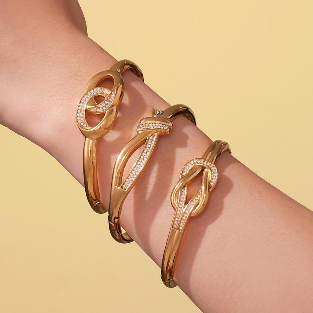 Oumeka Zirkon Doppelring Schnalle Edelstahl Armreif - Europäischer & Amerikanischer Modeschmuck