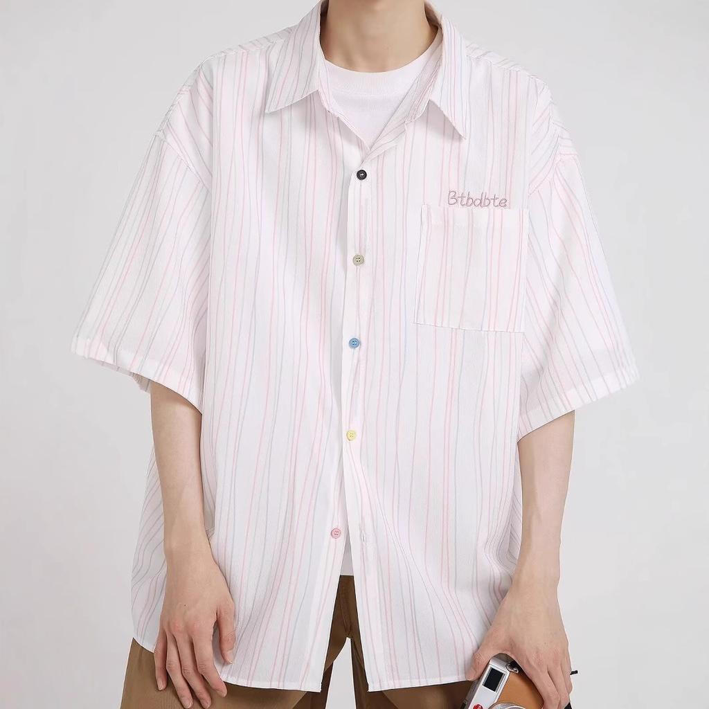 Summer Retro Short-sleeved Striped Shirt Men and Women Couples Style Loose Casual Shirt Jacket