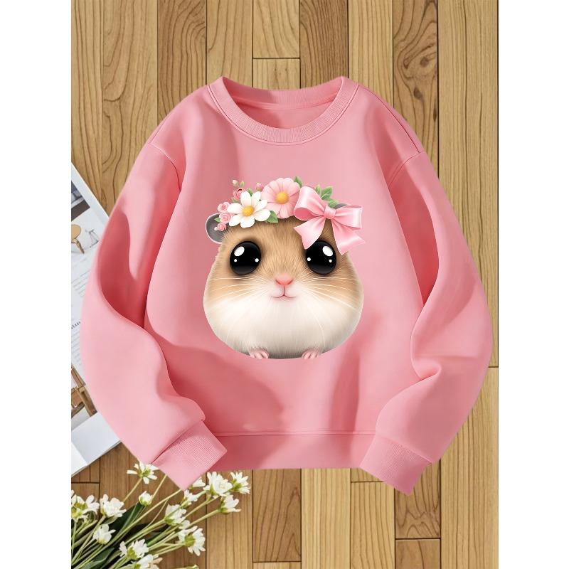 European Size Floral Wreath Hamster Cartoon Print unisex Crew Neck Sweatshirt, Autumn and Winter Soft and Cute Style, Perfect Gift for Girls