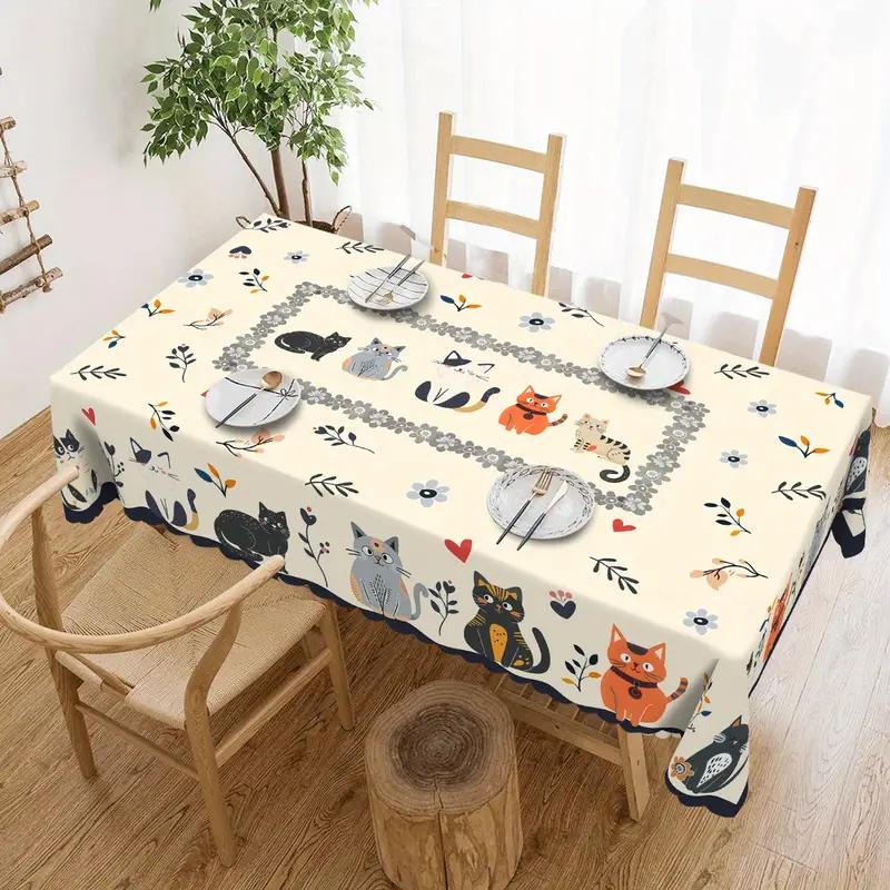 Schattige Kat Bloemig Bedrukte Rechthoekige Tafelkleed Bruiloft Feest Decor Oranje Zwart Grijs Katten Polyester Tafelkleed Eettafel Decor 90x140cm