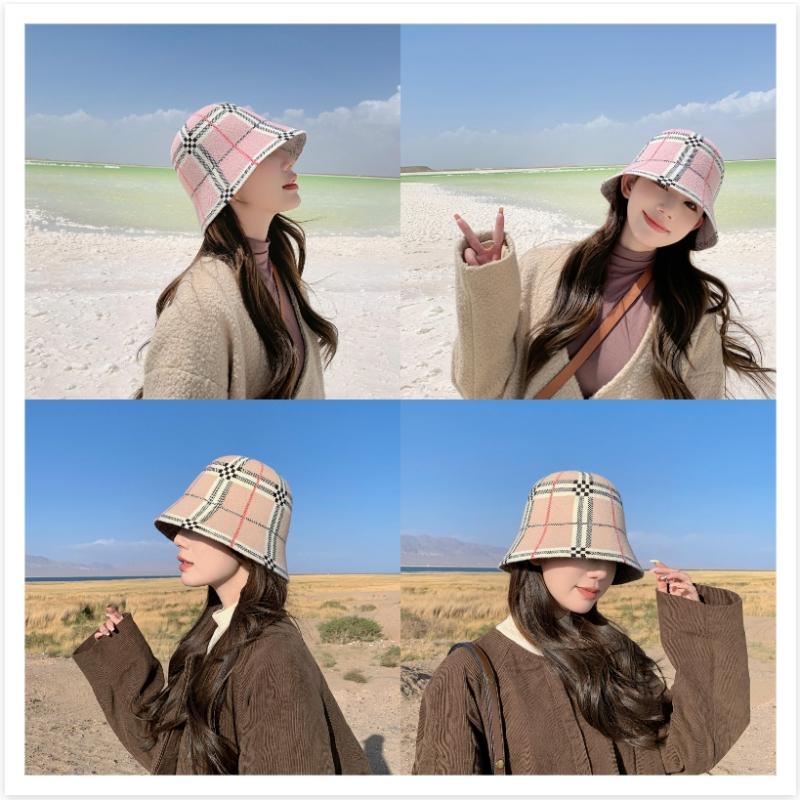 Winter New Luxury Brand Bucket Hat For Women Outdoor Warm Velvet Plaid Cashmere Wool Basin Fisherman Hat Panama Caps Wholesale