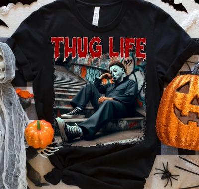 Camiseta de Personagem de Terror THUG LIFE, Camiseta de Halloween Infantil, Camiseta de Halloween para Adultos