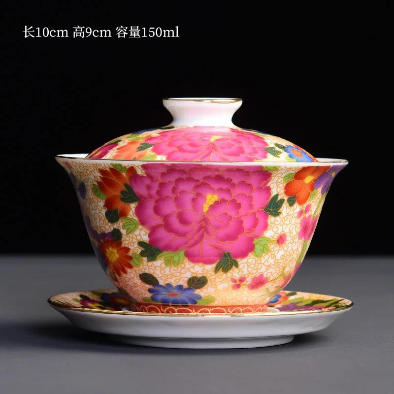 Chinese Kungfu Gaiwan Tea Tureen Intricately Designed Dragon and Phoenix Tea Cups with Elegant Ceramic Color Enamel Teaware