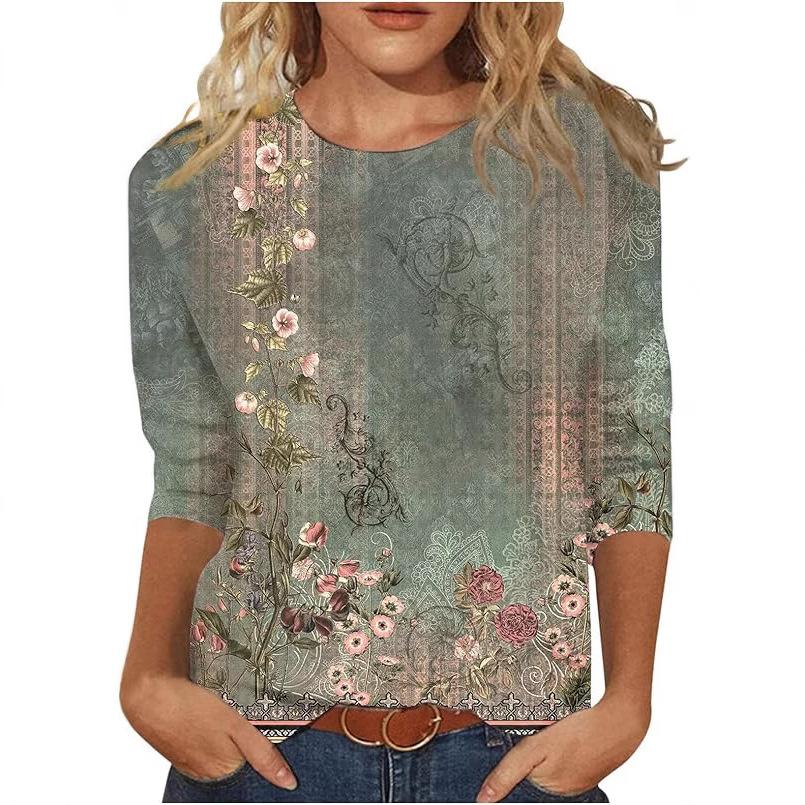 2026 Spring/Summer New Women's Fashion Printed Three-Quarter Sleeve Loose Round Neck Casual T-Shirt Top