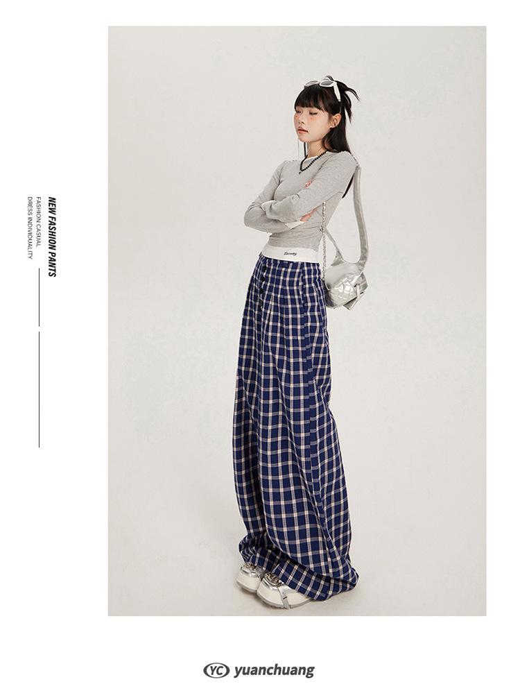 Women's High Waist Plaid Wide-Leg Casual Pants - Autumn Button-Down Style