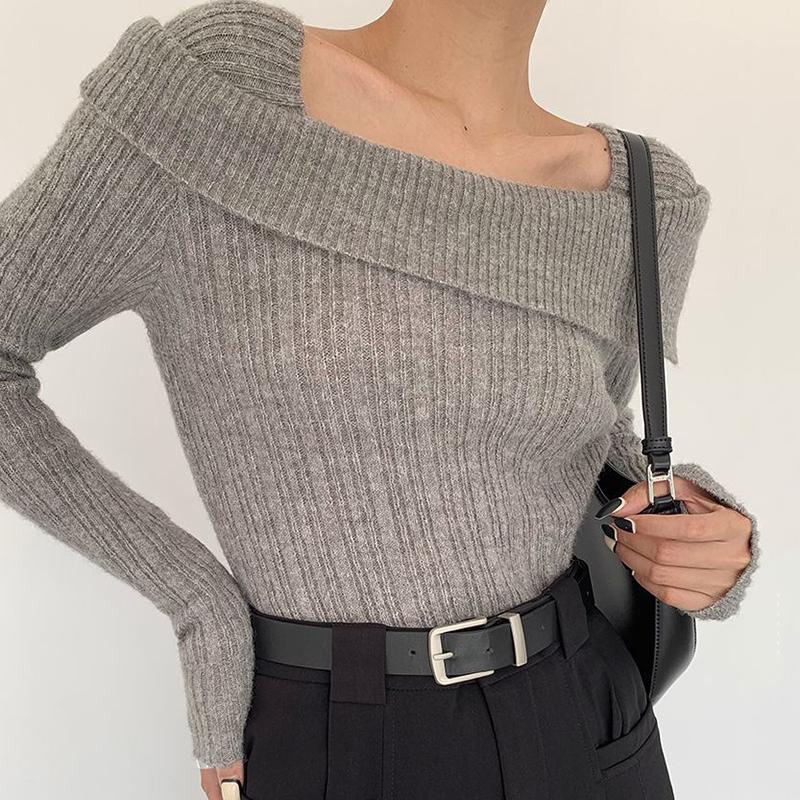 

WTEMPO Вязаный свитер с открытыми плечами, женские элегантные пуловеры с длинными рукавами, осенняя однотонная одежда Y2K, корейские топы L серый