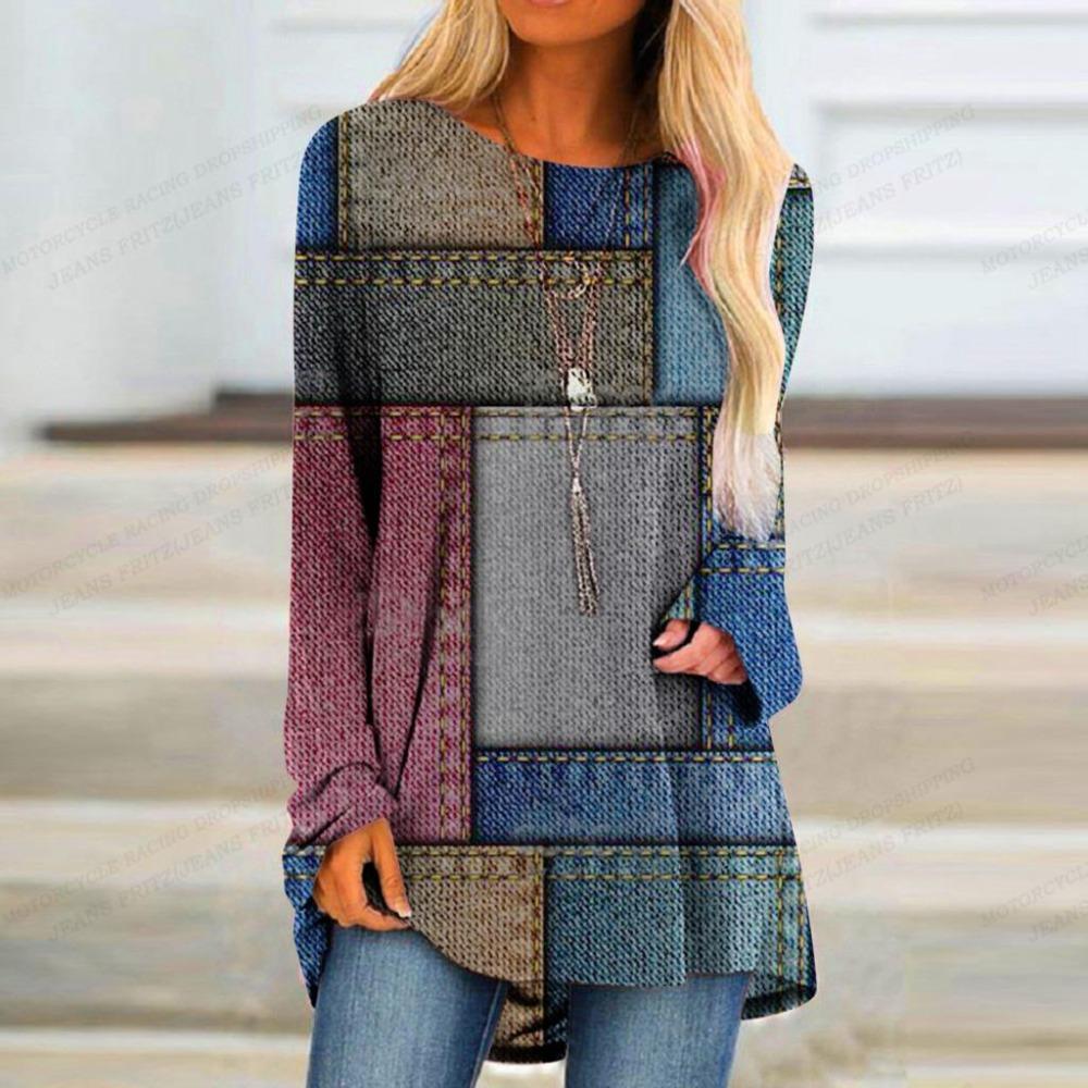 Patwork Tričko Dámské Tričko Dámské Módní Tričko Color Block Tričko Tričko s dlouhým rukávem Trička Dámské Tričko Tričko Tunika Dívka