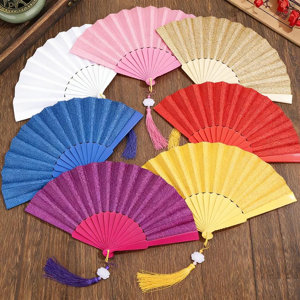 Plastic Folding Fan Tassels Handheld Fan Portable Gold Powder Fan Home Decoration