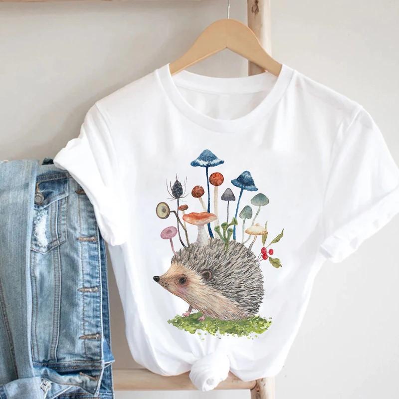 Pink Women Tshirts Casual Cute Cartoon Hedgehog Floral Graphic Print Female Tee Tops Harajuku Fashion Short Sleeve T Shirt Femme