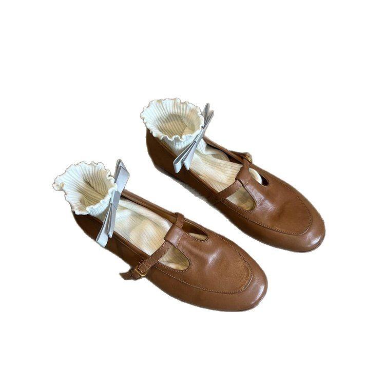 Soft leather version~ early spring new loafers women's low heel one pedal T-button small leather shoes retro comfortable single shoes