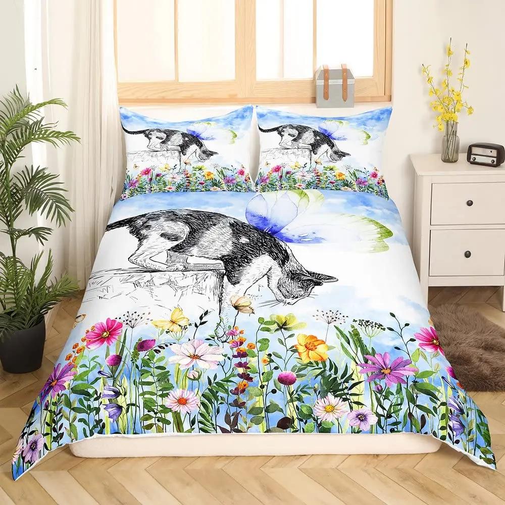 Pisică albă, flori, rege, husă de pilotă, set de pat pentru pisici