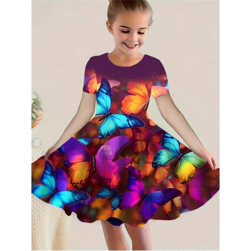 Girls' Summer Fashion Short Sleeve Cute Casual Dress, 3D Printed Casual Dress, a Gift for Children, Perfect Choice for Daily Wear Or Festive Occasions