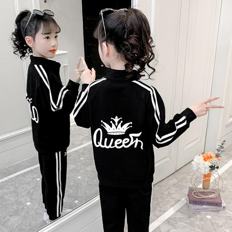 Frühling Kinder Mädchen 2-teiliges Bekleidungsset Lockerer Buchstaben Cartoon Reißverschlussjacke für Junior-Mädchen Lässige Trainingshose Passende Outfits