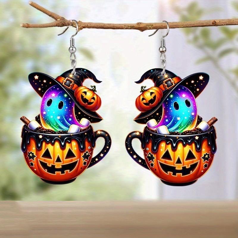 Halloween Themed Colorful Cartoon Ghost Pumpkin Pattern Women Earrings Acrylic