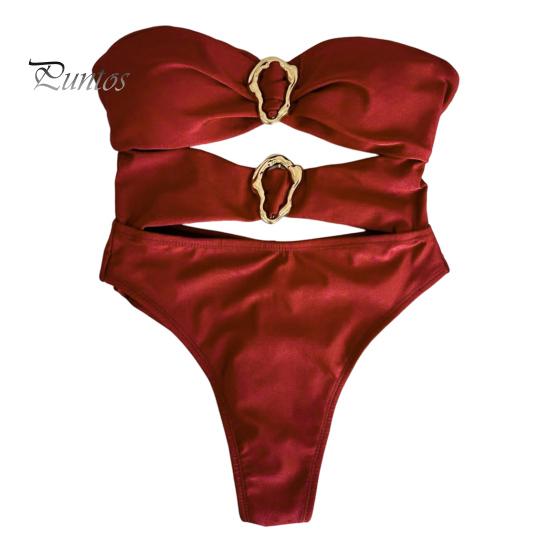 

Сексуальный монокини с открытыми плечами, бандо, ажурный дизайн, однотонный слитный купальник с неровными металлическими кольцами, одежда для отпуска S красный