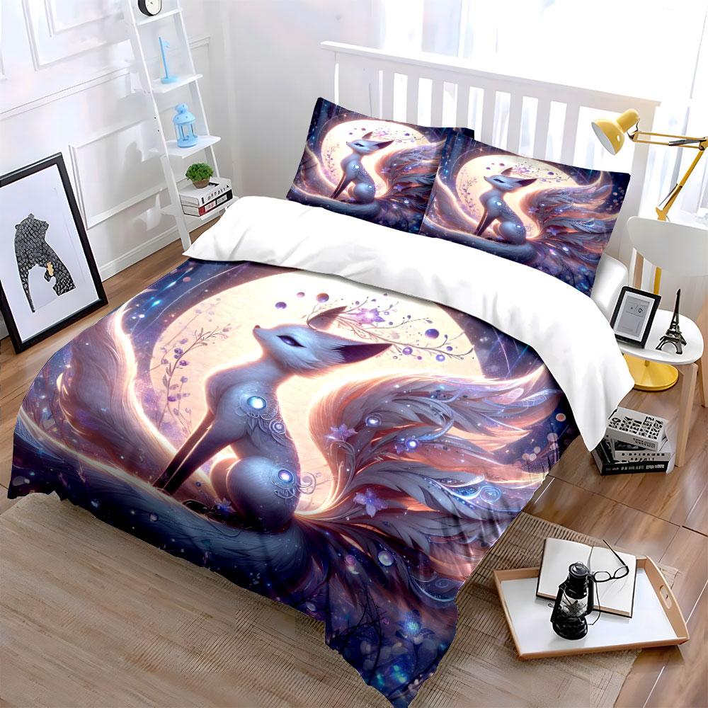 Enchanted Nine-Tailed Fox Under Moonlight Duvet Cover Set With 3D Printing Design Soft Polyester Bedding Set All-Season Comfort