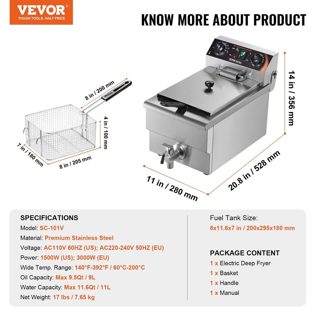 Commercial Electric Deep Fryer 3000W 9L Stainless Steel Upgrade 200°C