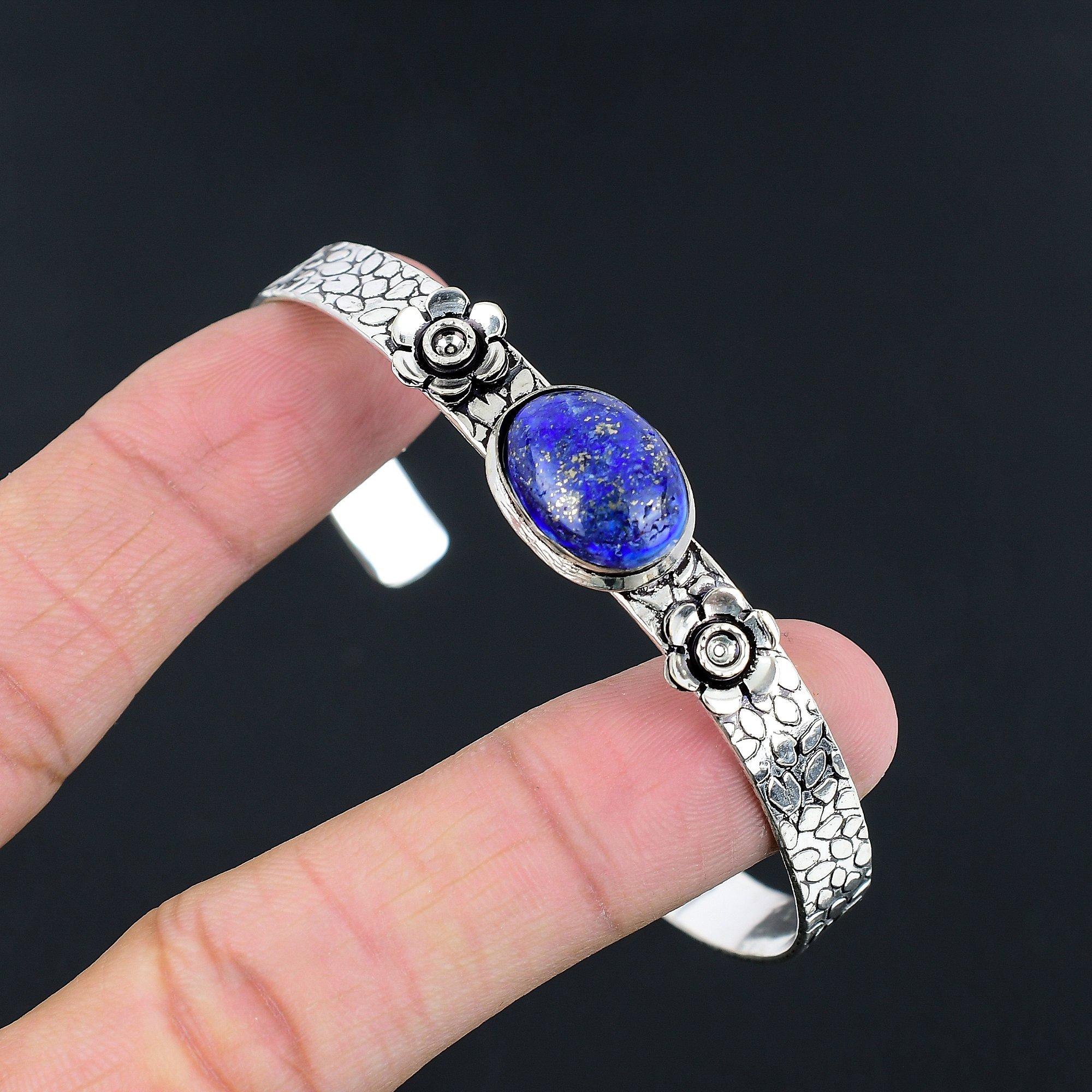 

Sisters Day Sale 925 Sterling Silver Lapis Lazuli Gemstone Trendy Flower Bangle Adjustable