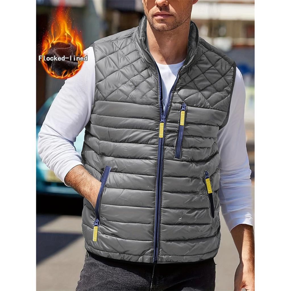 Men's Solid Color Fleece-lined Zip-up Vest, Stand Collar, Sleeveless, Outdoor Casual Warm Vest Jacket