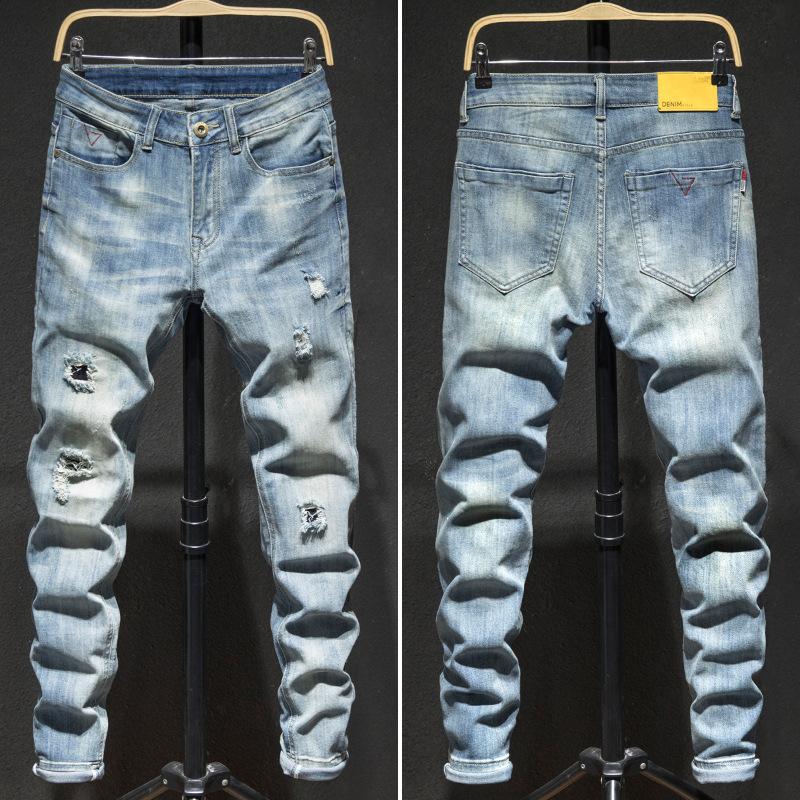 Four Season Wearable Men'S Embroidered Jeans With Slim Fit And Stretchy Trend, Small Leg Pants With Ripped Patches, Personalized Long Pants