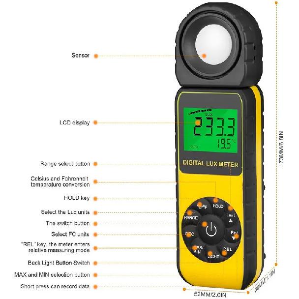 HP-881E Luxmeter Lumen Meter Handheld Light Calibrator with 270° Rotatable Detector, Measuring Range 0.1~300,000Lux