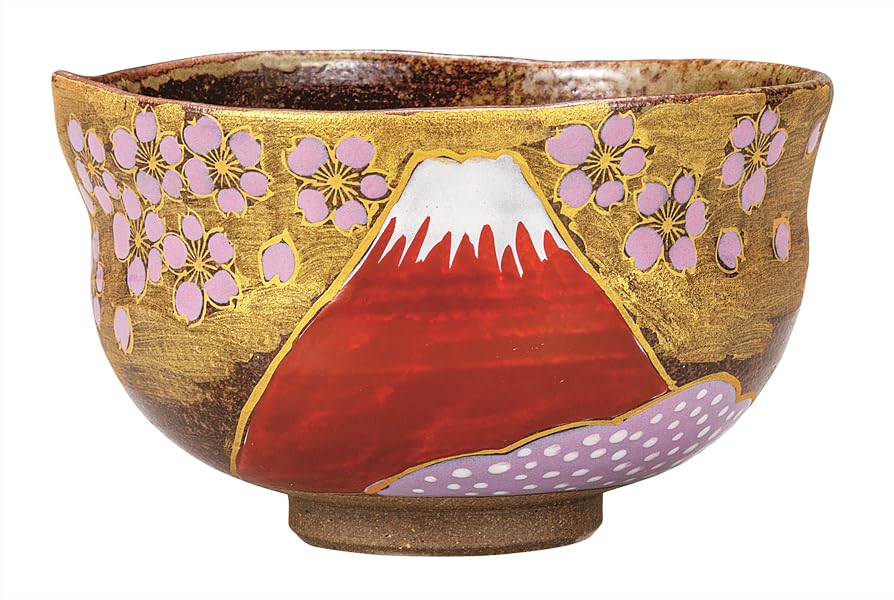 Kutani ware Iwataya Matcha bowl, Golden Clouds, Cherry Blossoms and Fuji, K9-877