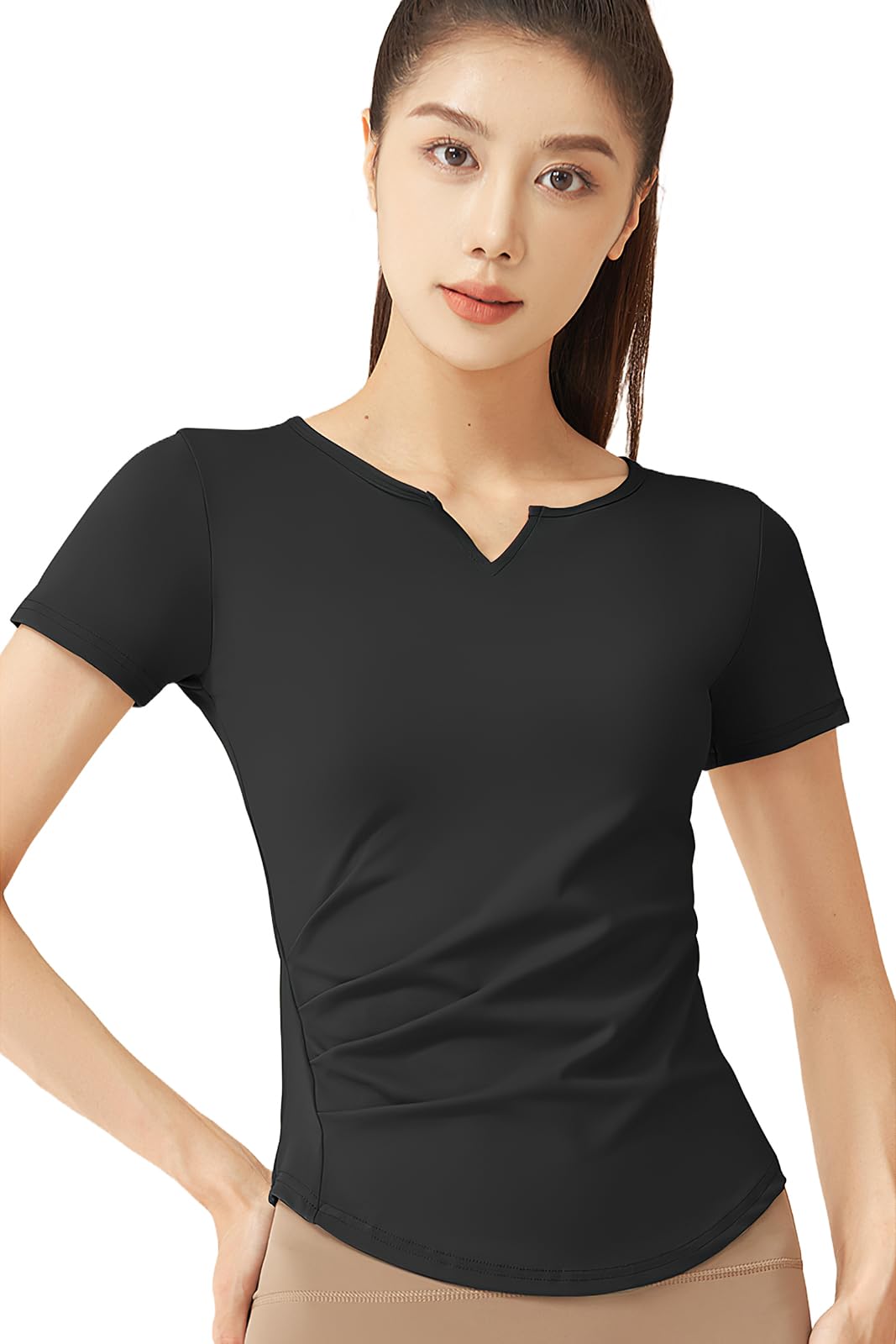 

MORGEN SKY Short Sleeve Yoga with Rounded and Slimming and Stretch for a Flattering Perfect for and DX026 Women s T-Shirt V-Neck, Hem, Vest. чёрный