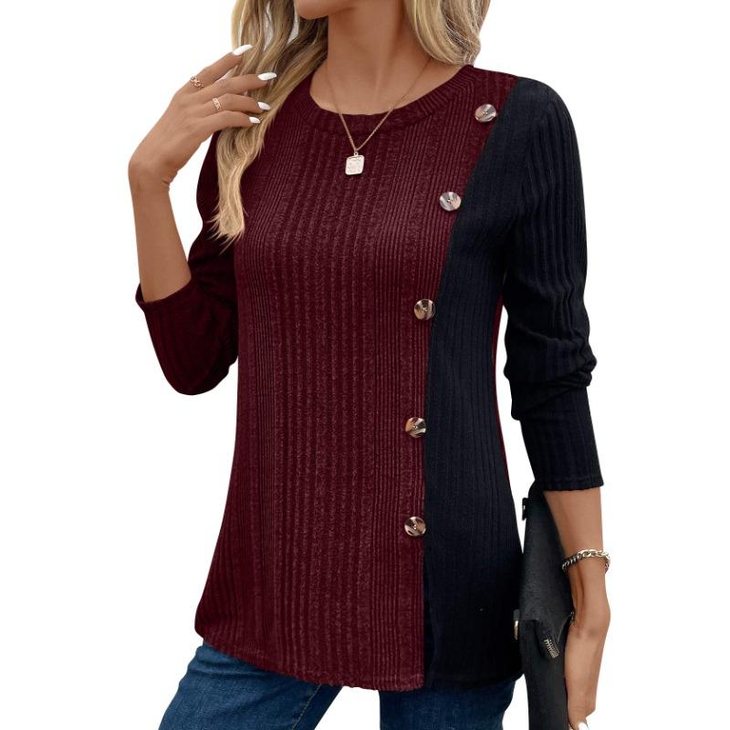 Spring and Autumn Women's Knit Top Colorblocking Button Split Casual Long Sleeve Top Blouse