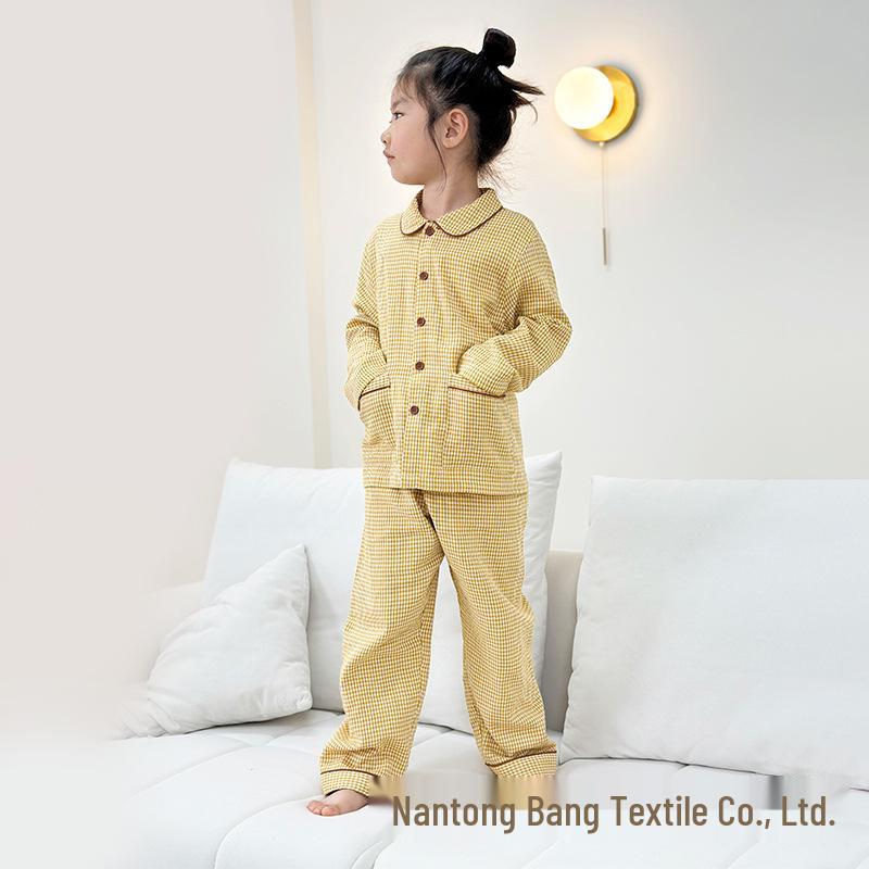 Plaid Trim Pure Cotton Children's Pajama Set - Autumn/Winter