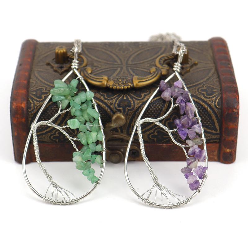 Handmade Silver Wrapped Copper Wire Crushed Stone Tree of Life Necklace, Water Drop Natural Stone Design, Bent Tree of Life Necklace N28.