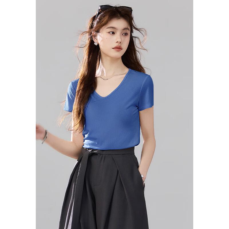 VICTORIA&VERA Women's Ribbed High-Stretch Mulberry Silk Short Sleeve T-Shirt