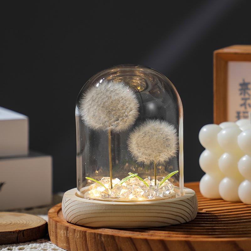 Luminous Dandelion Preserved Flower Bouquet Night Light in Glass Dome - Birthday Gift for Girls or Girlfriend