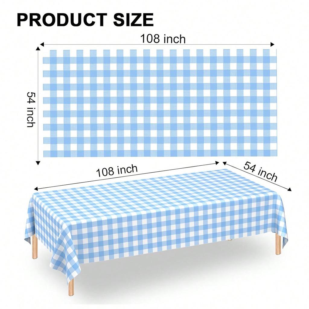 1 Pack Light Blue Gingham Tablecloth Rectangular Pale Blue and White Checkered Tablecloths Disposable Plastic Plaid Table Cover for Parties