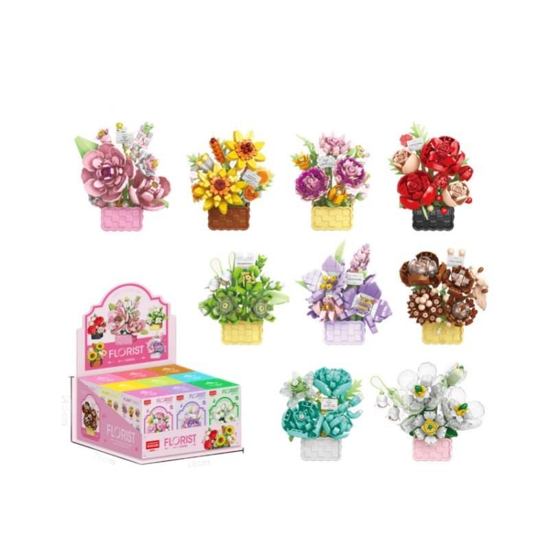Sunflower Carnation Flower Rose Jasmine Flower Basket Assembly Blocks Building